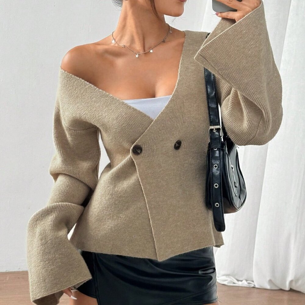Tan Casual Women's Waist Slim Fit Double Button Placket knit Cardigan
